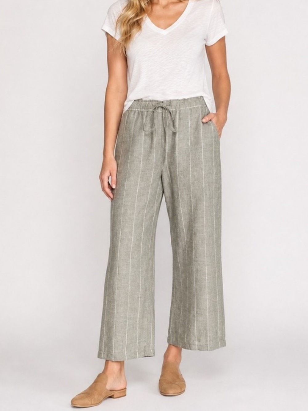 Eileen Fisher Moon Gray Striped Hemp Wide Leg Cropped Pants